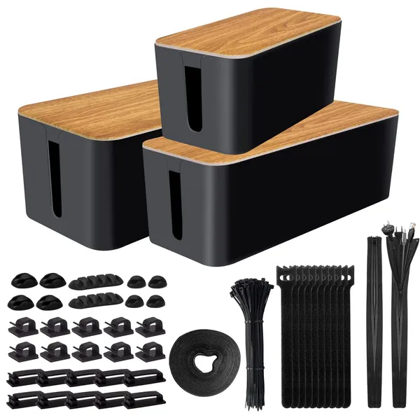 Cable Management Box 145PCS Cable Management for Power Strip with 3 Cord Organizer Boxes&142PCS Cord Management Wire Organizer of Cable Clips&Cable Sleeve to Hide Wires&Cables for Home&Office(Black) - 2-Black