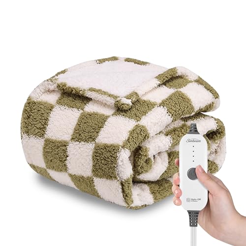 Sunbeam Printed Royal Sherpa Foot Pocket Heated Throw Electric Blanket, 50" x 60", 4 Heat Settings, 4-Hour Auto Shut-Off, Warming Cozy Throw for Couch, Sofa or Bed, Machine Washable, Sage Checkerboard - Medium - Sage Checkerboard