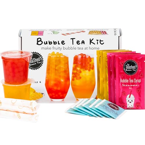 Fruit Bubble Tea Kit Gift Box | 6 Servings | Set Includes Mango and Strawberry Syrups, Cherry and Peach Popping Boba, Tea Bags and Paper Straws | by THE TEASHED