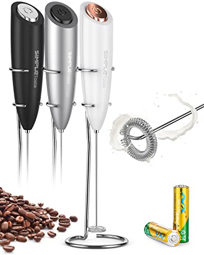 SIMPLETASTE Milk Frother Handheld Battery Operated Electric Foam Maker, Drink Mixer with Stainless Steel Whisk and Stand for Cappuccino, Bulletproof Coffee, Latte - White