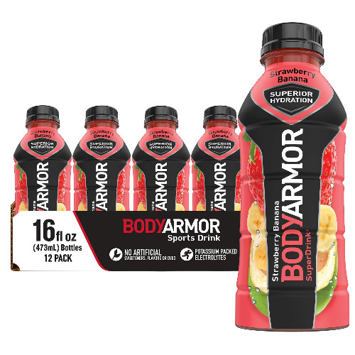 BODYARMOR Sports Drink Sports Beverage, Strawberry Banana, Natural Flavors With Vitamins, Potassium-Packed Electrolytes, Perfect For Athletes, 16 Fl Oz (Pack of 12) - Strawberry Banana 16 Ounce Pack of 12