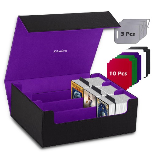 Komick 1800+ Card Deck Case – PU Leather Trading TCG Storage Microfiber Lined MTG Deck Box, Card Deck Box for YuGiOh, Baseball, Final Fantasy MTG, Large Magic Storage Box (Black/Purple) - Black / Purple