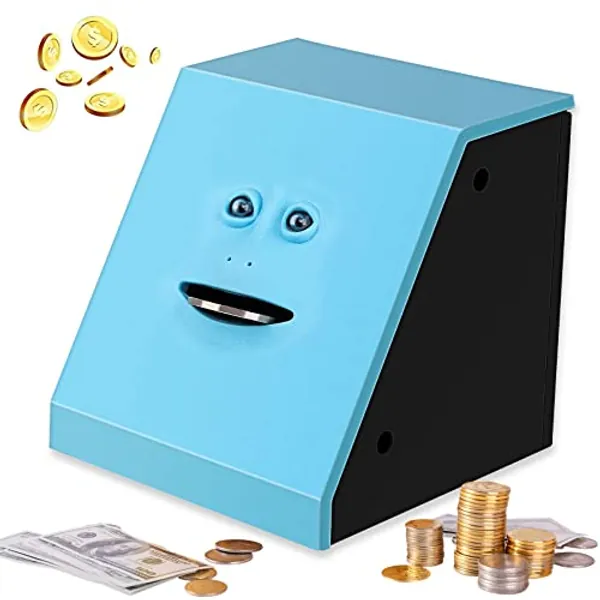 Face Bank, Piggy Bank Coin Eater Funny Bank, sunsbell Money Eating Coin Bank Piggy Bank Boalord, Battery Powered Money Saving Box, Wacky Coin Jar No Face Coin Bank - Blue