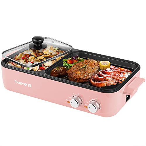 Topwit Pot with Grill, 2 in 1 Indoor Non-stick Shabu Shabu Pot with Grill for Steaks, Shabu Shabu, Noodles, Simmer and Fry, Korean BBQ Grill, Independent Dual Temperature Control, Pink - Pink