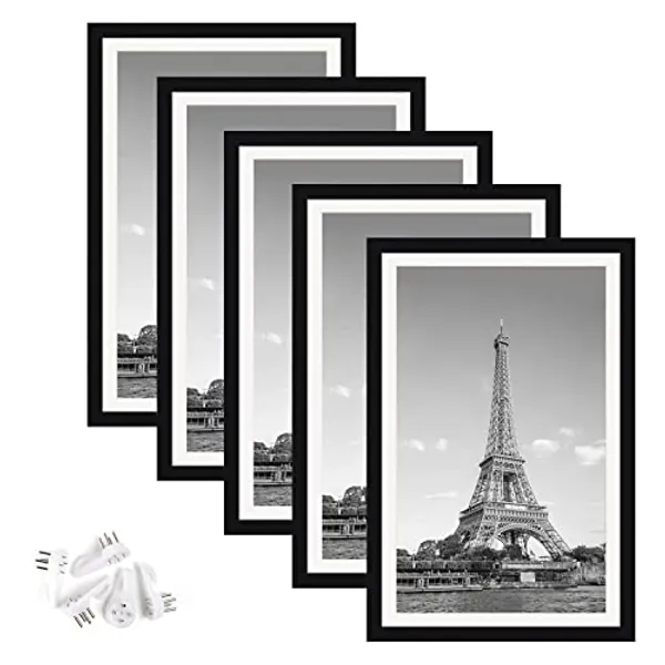 upsimples 11x17 Picture Frame Set of 5,Display Pictures 9x15 with Mat or 11x17 Without Mat,Wall Gallery Photo Frames,Black