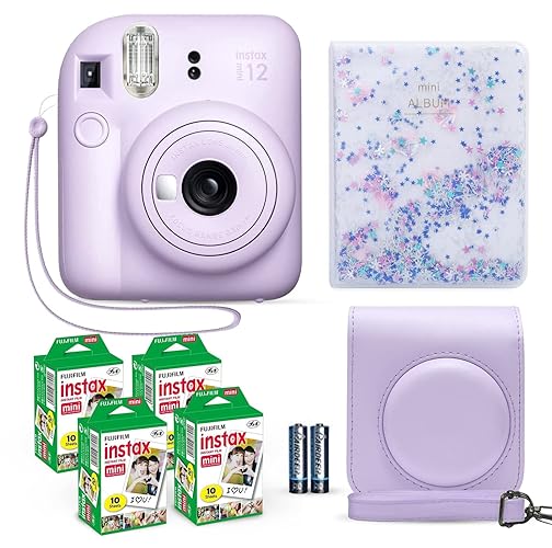 Fujifilm Instax Mini 12 Instant Camera Lilac Purple + Fuji Film Value Pack (40 Sheets) + Shutter Accessories Bundle, Incl. Compatible Carrying Case, Quicksand Beads Photo Album 64 Pockets - Lilac Purple
