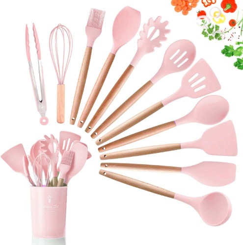 SGAONSN Kitchen Utensil Set, Silicone Cooking Utensils with Natural Wooden Handles,Nonstick Kitchen Tool Turner Tongs (12pcs) Pink