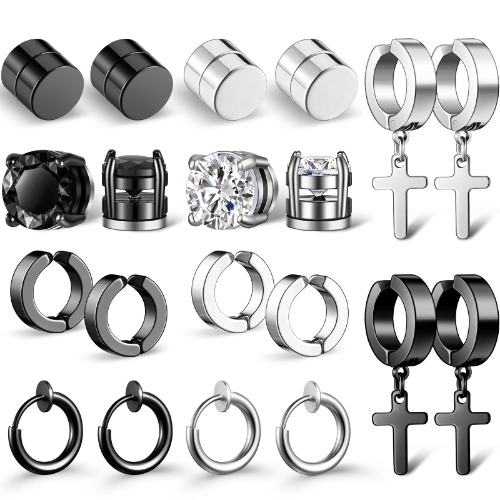 10 Pairs Magnetic Stud Earrings for Men Stainless Steel Magnetic Earrings, Non-Piercing Cross Dangle Hoop Earrings Unisex Gauges Clip on Earring CZ Magnet Earring Set