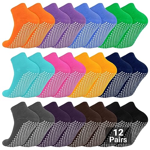WANZHIHUI 12 Pairs Pilate Grip Socks for Women Anti-Skid Yoga Socks with Grips Hospital Socks Solid Color Bulk Ankle Socks - 5.5-9 - 12 Pairs/Dot-multi