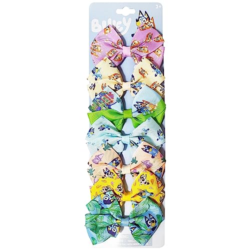 Bluey Kids Hair Bows - Hair Accessories Gift Set- 7 Pcs 4 Inch Bow Bundle- for Girls- Different print on each clip- Alligator Clip- Ages 3 + - Hair Bows Set 3