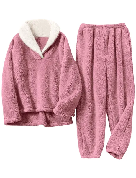 Tanming Womens Fluffy Pajamas Set Fleece Pullover Pants Plush Loungewear Sleepwear - Pink Medium
