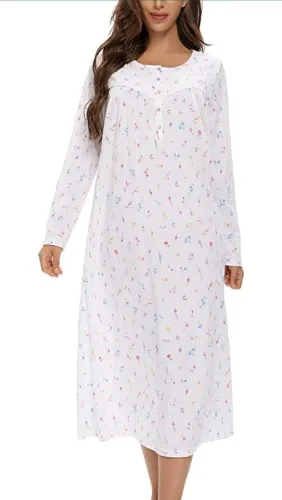 IZZY TOBY Cotton Nightgowns for Women Long Sleeve Knitted Night Gown Long Soft Ladies Nightdress Sleepwear White Print M at Amazon Women’s Clothing store