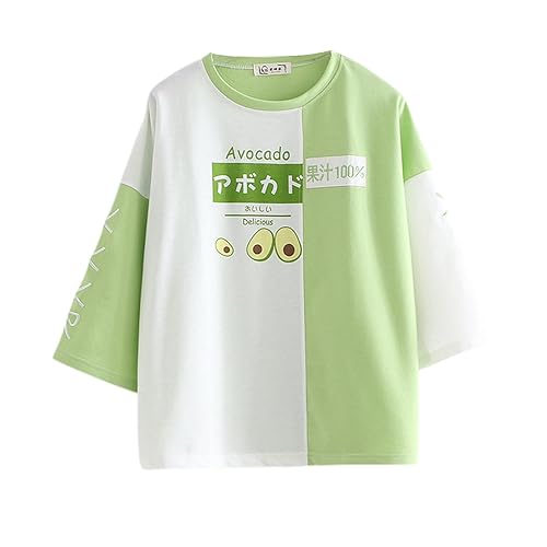Teens Casual T-Shirt Niedlich Fruit Print Rundhals 3/4 Ärmel Tops Patchwork Lose Pullover Tee Tops - Einheitsgröße - Grün