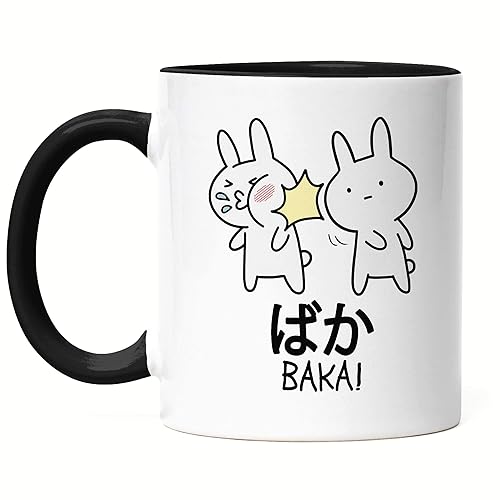 Hey!Print Baka Anime Tasse Schwarz Lustiges Baka Hasen Ohrfeige Rabbit Otaku Manga