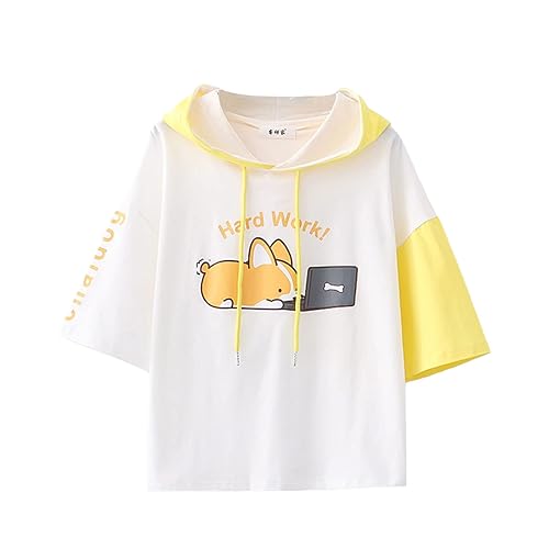 Teenager Mädchen Niedliches Sommer T-Shirt Kawaii Welpe Print Patchwork Kapuzen-T-Shirt Casual Lose Kurzarm Tops - Einheitsgröße - Weiß