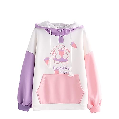 Kawaii Rabbit Print Color Block Hoodie with Pocket