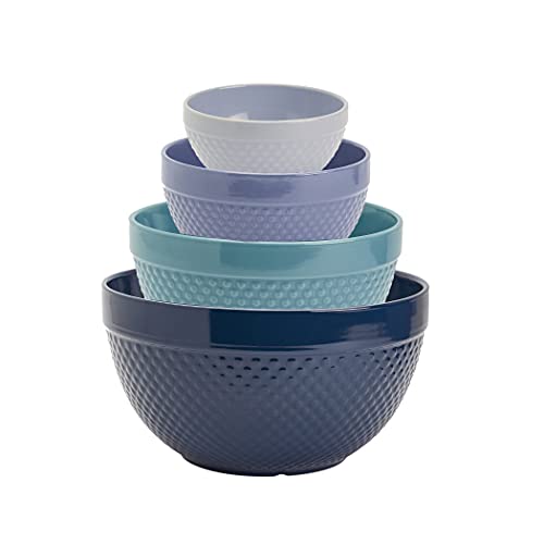 TTU Tabletops Gallery Hobnail Style 4 Piece Blue Storm Stoneware Nesting Mixing Bowl Set for Baking and Cooking - BLUE STORM