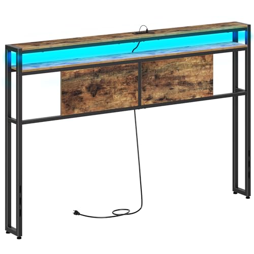 YATINEY Queen Size Headboard, Storage Rack with LED Light and 2 Outlets and USB Ports, Head Board with 2 Storage Shelves, Adjustable Height, Rustic Brown and Black - Queen