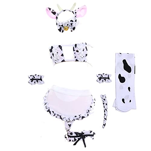 JasmyGirls Womens Sexy Maid Cosplay Lingerie Furry Milk Cow Costume Kawaii Anime Bikini Set Mini Leopard Bra and Panty Outfit - White2