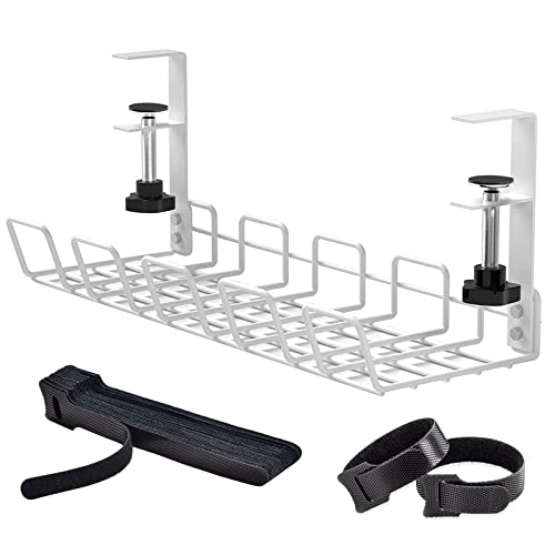 Under Desk Cable Management Tray, No-Drill Under Desk Cable Organizer for Wire Management Desk Cable Rack with 20 PCS Reusable Cable Ties Metal Under Desk Cord Organizer for Office and Home (White) - White