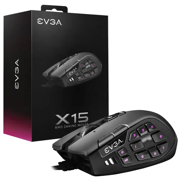 EVGA X15 MMO Gaming Mouse, 8k, Wired, Black, Customizable, 16,000 DPI, 5 Profiles, 20 Buttons, Ergonomic 904-W1-15BK-KR - 
