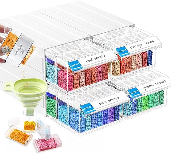 ARTDOT Diamond Painting Storage, 4 Pack Stackable Bead Organizer 140 Slots Individual Containers with Diamond Art Accessories and Tools for Beads Nail Pill Rhinestones Seed - 140 Containers with 4 Drawers