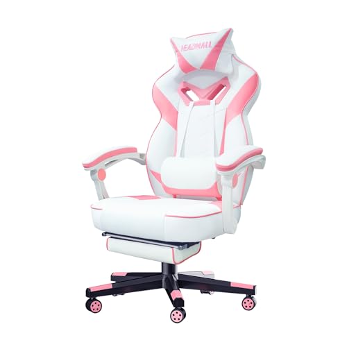HEADMALL Pink Gaming Chair with Footrest Ergonomic Oversized Manufactured by Listed Company,Video Game Chairs with Lumbar and Head Pillow, for Adults Teens Secret Lab (White & Pink) - Black&white