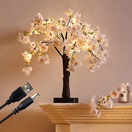 Fudios Lighted Bonsai Tree with Cherry Blossom Branches 40 LED 18IN Japanese Room Decor,Flower Tree with Lights Battery USB Plug for Wedding Party Summer Mantle Decoration - Pink Cherry Tree