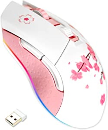 DAREU Sakura Pink Wireless Wired Gaming Mouse, Dual-Mode Rechargeable 7 Programmable Buttons,10K DPI,RGB and 7 Adjustable DPI Levels up to [150IPS] [1000Hz Polling Rate] for PC Notebook Mac - Sakura Pink