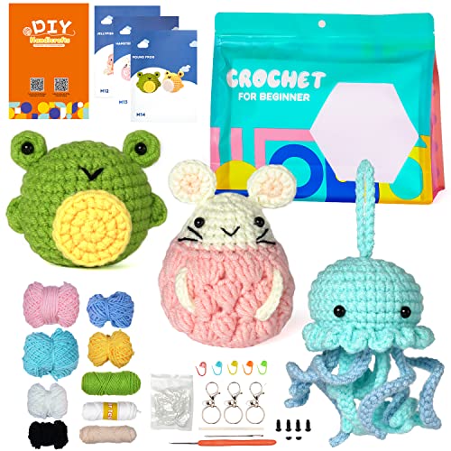 MAMUNU Crochet Kit for Beginners, Crochet Starter Kit Animals, 3 PCS Crochet Kit for Adults Kids, Crocheting Kit with Step-by-Step Video Tutorials, Beginner Crochet Kit-Jellyfish, Hamster, Frog.