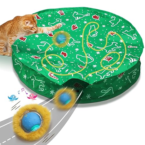 Giociv Interactive Cat Toys Ball Fast Rolling in Pocket, Motion Activate Chirping Cat Toy Hide and Seek Mouse Catching Game - Green