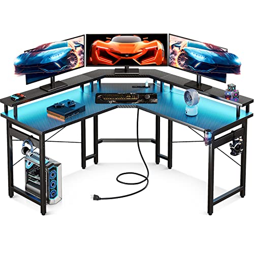 ODK L Shaped Gaming Desk with LED Lights & Power Outlets, 51" Computer Desk with Full Monitor Stand, Corner Desk with Cup Holder, Gaming Table with Hooks, Black Carbon Fiber - Black Carbon Fiber - 51 Inch