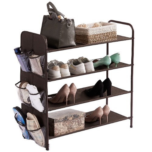 NBEST Shoe Rack Storage Organiser 4 Tier Metal Shoe Shelf Compact Shoe Organiser with Side Bag for Entryway Closet Bedroom,Bronze - Bronze,Transparent