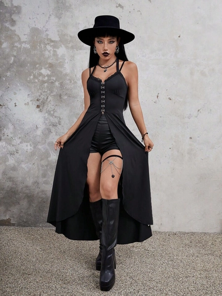 Goth Solid Hook And Eye Contrast Lace Top