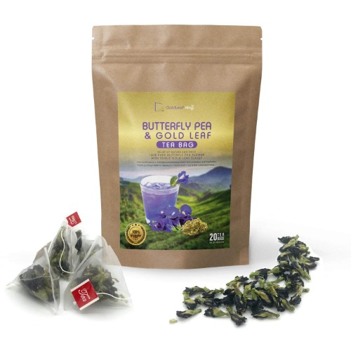 GoldleafKing 20 x Tea Bag Butterfly Pea Flower Tea with Edible Gold Flakes | Purple Blue Tea | Premium Quality | Healthy & Luxurious way | Relaxing Clam and Stress Relief Herbal Natural Organic Drink