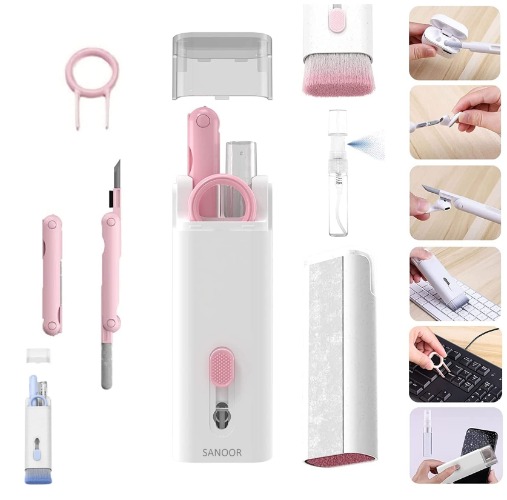 7-in-1 Electronics Cleaner Kit with Cloth, Keyboard Cleaner Kit, Portable Multifunctional Cleaning Tool for PC Monitor/Airpods/Airpods pro/Cell Phone/Laptop/Computer/Bluetooth Earphones (White Pink)