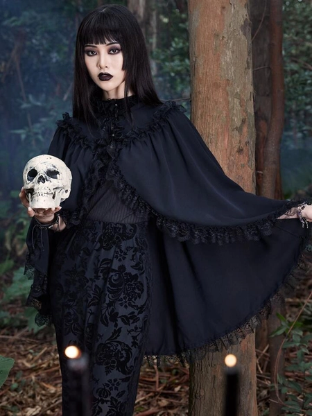 Goth Solid Lace Trim Cape Coat