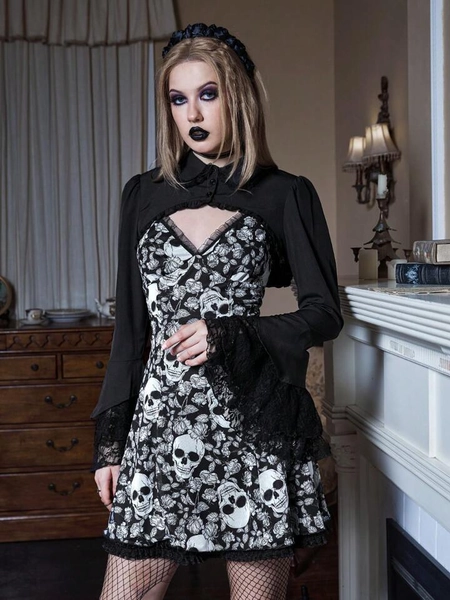 Goth Solid Contrast Lace Super Crop Blouse