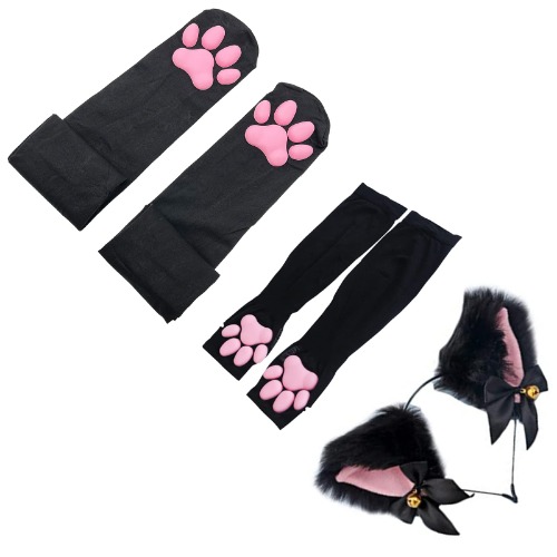 Cute Cat Paw Pad Thigh High Cosplay Socks With Pink 3D Kitten Claw Mittens Long Fingerless Gloves for Girls Women - Black-3