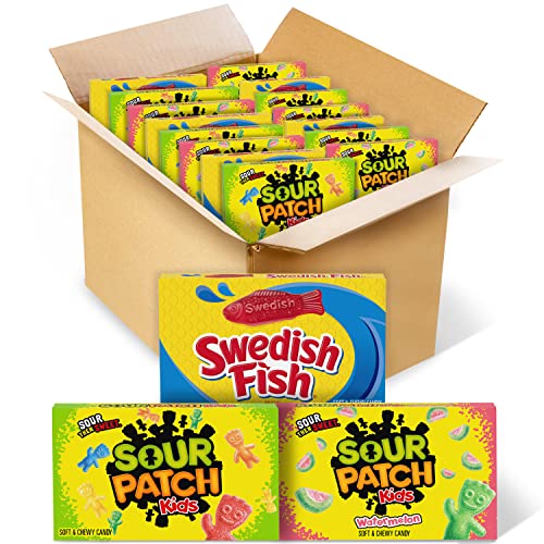 SOUR PATCH KIDS Original Candy, SOUR PATCH KIDS Watermelon Candy & SWEDISH FISH Candy Variety Pack, Valentines Candy, 15 Movie Theater Candy Boxes - Sour Patch Variety - 15 Count (Pack of 1)