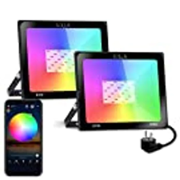 SOLLA Foco Proyector LED RGB de 60W, Luz Regulable Inteligente Bluetooth con 20 Modos 16 Millones de Color, Temporización, Sincronización de Música, Control de Grupo, Impermeable IP66 (Paquete de 2)