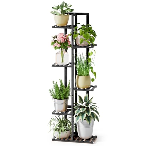 ROSSNY Plant Stand Indoor, 6 Tier 7 Potted Bamboo Plant Stands for Multiple Indoor Plants, Corner Plant Stand, Tiered Plant Stands, Tall Plant Shelf, Planter Holder - Bamboo03-Black