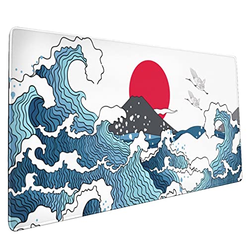 Japanese White and Blue Wave Mouse Pad 35.4 X 15.7 Inch Crane Hill Red Sun Extended Large Cool Mouse Mat Non-Slip Rubber Base Mousepad with Stitched Edges Waterproof Desk Pad for Gaming&Home Office,XL - XX-Large - Wave2