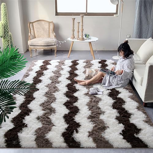 DweIke Fluffy Area Rug for Living Room Bedroom, 4'x6' Soft Modern Indoor Plush Sage Green Rugs, Non-Slip High Pile Shaggy Carpets for Girls Kids Bedroom, Fluffy Faux Fur Rugs for Bedroom Home Decor - 4 ft x 6 ft - Stripe Brown