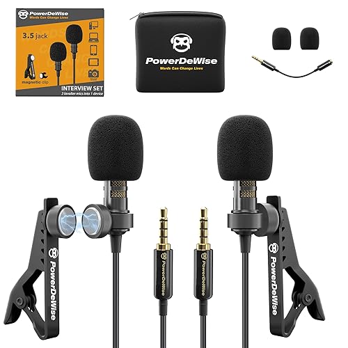 PowerDeWise Professional Grade 2 Lavalier Clip-On Microphones Set for Dual Interview - Double Lav Lapel Microphone - Use for iPhone Phone Camera - Video Recording Noise Cancelling 3.5mm Mic - Black
