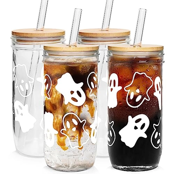 Halloween Cups, Ghost Decor 24oz Halloween Mug Mason Jar Glass Cups with Lids and Straws Ghost Tumblers Coffee Cups Cookie Jar Glasses Halloween Glassware Drinking Glasses Halloween Decorations Indoor