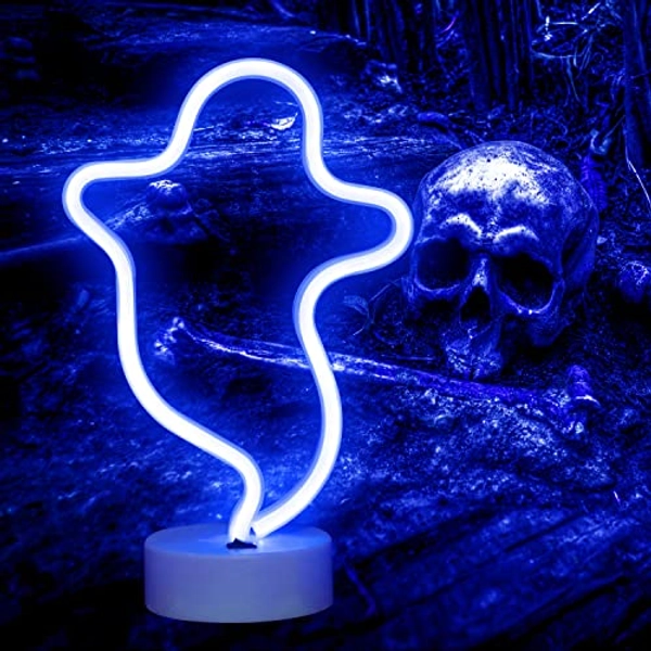 Ghost Neon Signs Night Lights, LED Signs Ghost Shape Lamp Neon Lights for Christmas, Wall, Party Child Kids Teen Bedroom Decor-Ghost with Holder Base(Blue) …