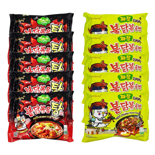10 x Samyang Buldak Nudels – Fire Noodle-set med het kyckling smak, 5 x Jjajang & 5 x stew typ