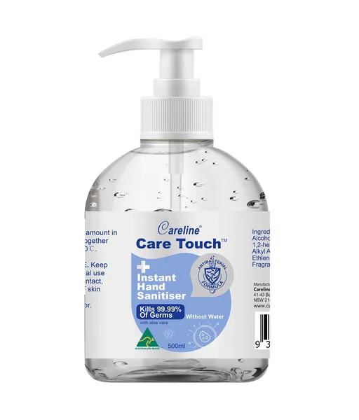 Careline Care Touch Instant Hand Sanitiser Pump, 500ml, 75% Ethanol, Kills 99.9999% of Bacteria, Made in Australia