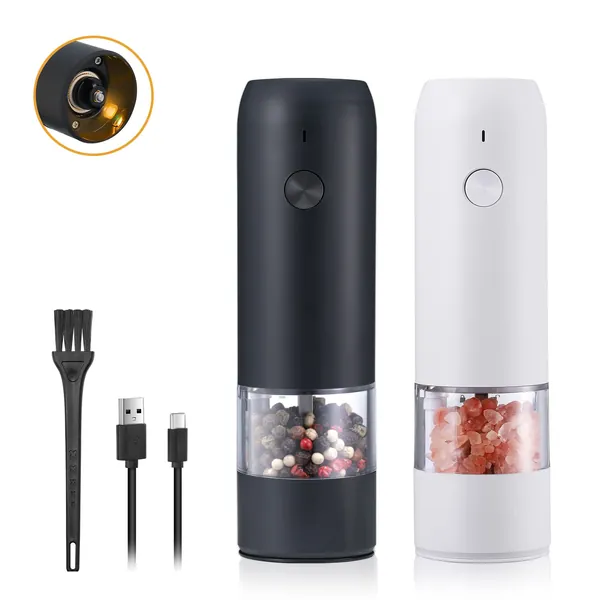 Electric Pepper Salt Grinder Set USB Rechargeable Adjustable Coarseness Refillable with LED Light (Black & White（2 pcs）)
